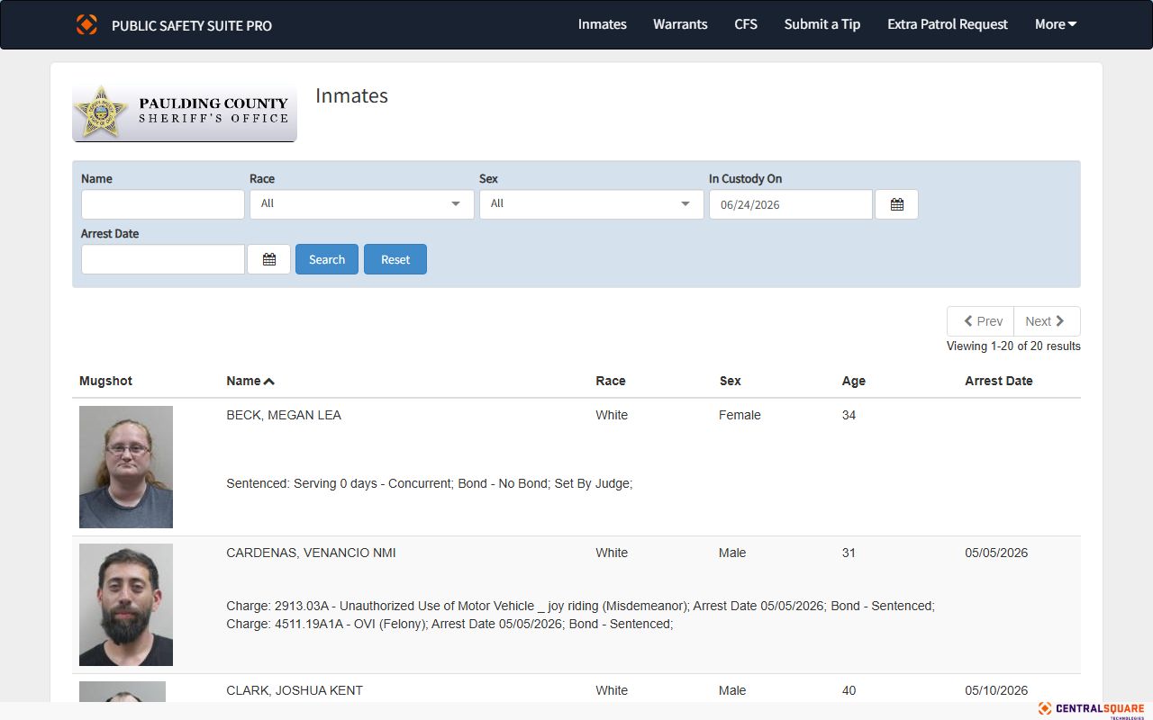 Paulding County Jail current inmates roster lookup screen