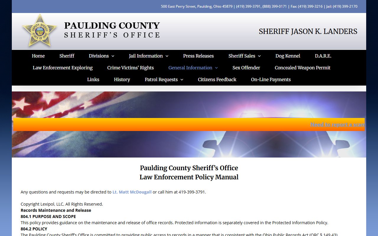 Paulding County Jail records request policy for inmate and booking records